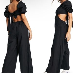 ASOS Puff Sleeve Cutout Cotton Jumpsuit